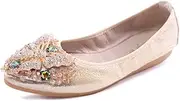 Cattle Shop Womens Ballet Flats Foldable Rhinestone Pointed Toe Comfortable Slip on Wedding Flat Shoes Dress Flats for Women, Gold, 9