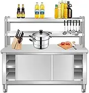 YUGXTH Stainless Steel Work Table, Commercial Kitchen Prep Table, Food Prep Worktable with Double Overshelf, Multifunction Work Table with Storage Cabinet, for Restaurant Home Hotel(100x60x80cm)
