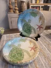 4) Pier 1 Speedy Sea Turtle Melamine 9" Plates Sealife Coastal Beach Ocean New