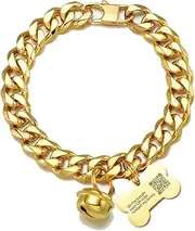 Abaxaca 18K Gold Cat Dog Collar Kitten Puppy wide Stainless Steel Kitten Choker Curb Chew proof Cuban Link 1/2inch Chain with Gold Bell&Personalized custom tag