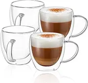 CNGLASS 250ml Glass Coffee Mugs,Double Wall Insulated Glass Mugs with Handle,Clear Espresso Mugs for Latte,Cappuccino,Tea Bag,Set of 4