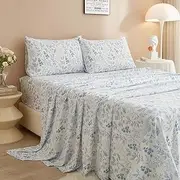 Vintage Floral Queen Sheets Set White Luxury Soft Cooling Bed Sheets Queen Boho Blue Floral Sheets Set 4 Pieces Bed Sheets 16" Extra Deep Pocket Sheets Wrinkle Free Sheets Breathable & Soft Sheets