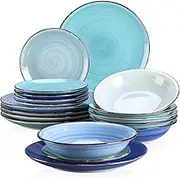 vancasso Bonita Blue Dinner Set- 18 Pieces Stoneware Dinnerware Set for 6, Handpainted Spirals Pattern Ceramic Combination Set with 10.5in Dinner Plate, 7.5in Dessert Plate and 800ml Soup Bowl