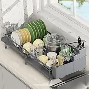 ROTTOGOON Expandable Dish Drying Rack,Multifunctional Adjustable Dish Drainer with 360° Swivel Spout and Anti-Rust Dish Rack with Removable Cutlery & Cup Holders for Kitchen Counter,Dark Black