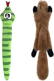 Squeaky Dog Toys for Small, Medium, and Large Pets, Cute Interactive Plush Dog Chew Toys, Green Snake and Squirrel, 2 Pack