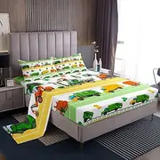 Garbage Trucks Kids Sheet Twin Size,Cartoon US Garbage Trucks Toddler Bedding Set,Boys Girls Adults Room Decor,Green Vehicles Fashion Bright Chic Bed Sheet Set 3pcs(Fitted + Flat + 1 Pillowcase)