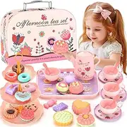 46pcs Kids Tea Party Set for Little Girls, Princess Tea Time Toy for 3-8 Year Old Girls, Cute Princess Play Toddlers Tin Tea Set Birthday Toys Pretend Toys with Desserts, Flower Teapot, Carrying Case