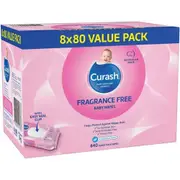 Curash Fragrance Free Baby Wipes - Ideal for Newborns - pH Balanced - For Sensitive Skin - Soap, Alcohol, Paraben & Irritant Free - Wet Wipes - Baby Essentials - 8 x 80 Value Pack, 640 Wipes