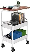 Kokorona Rolling Cart with Wooden Tabletop, 3 Tier Metal Utility Cart, Rolling Storage Organizer Cart with Lockable Wheels for Kitchen, Office, Bedroom, White