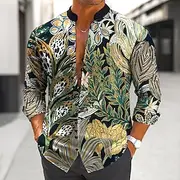 Men's Palm Leaf Tropical Plants Shirt Stand Collar Shirt Long Sleeve Hawaiian Vacation Daily Wear Going out Spring Fall Mandarin Collar Band Collar Button-Down
