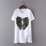 KT 亮片翅膀長版短袖T恤-白/黑