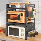 2-Tier Microwave Toaster Shelf with Utensil Holder Adjustable Stand Carbon Steel