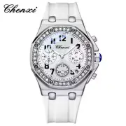 CHENXI Women Watch Chronograph Elegant Rhinestone Girl White Silicone Wristwatch