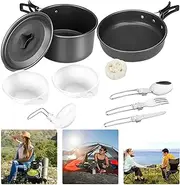 Camping Cookware Mess Kit 11Pcs Portable Outdoor Cooking Set With Pots, Pans, Fork, Spoon, Bowls - Backpacking Cook Set for Hiking and Picnic