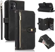 UEEBAI Case for iPhone 11 6.1 inch, 9 Card Slots Retro Leather Wallet Shockproof Flip Cover with Hand Strap Card Slots Zipper Pocket Kickstand Handbag Magnetic Closure - Retro Black