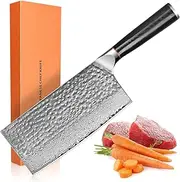 Meat Cleaver 8 Inch, Chinese Kitchen Knife Damascus Cooking Knife, Razor Sharp Vegetable Kitchen Knives - G10 Ergonomic Wooden Handle Butcher Knife with Gift Box