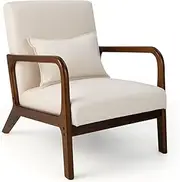 Giantex Modern Accent Chair with Rubber Wood Frame, Leisure Chair with Lumbar Pillow, Anti-Slip Felt Pads, Fabric Upholstered Reading Armchair for Living Room, Bedroom, Sunroom, Beige