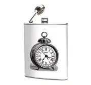 Alarm Clock Hip Flask Whiskey Designer Vintage Art Black White Oso and Bean Gift