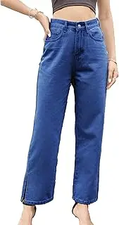 [JEShifangjiusu] Womens Mid Waisted Straight Leg Jeans for Women Loose Stretchy Lightweight Tummy Control Trendy Trousers, Dark Blue, L