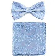 New men's pre-tied bow tie & hankie set paisley micro fiber light blue wedding