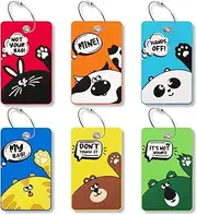 SIVEUMIL 6PCS Unique Cute Animal Luggage Tags with Smile Reminder,Bright Silicone,Includes Name Cards with Full Privacy Cover & Stainless Steel Loops,Funny Suitcase Identify Labels for Women Men Kids