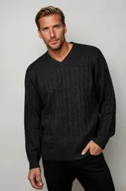 Ansett Charcoal Grey Cable V Neck Wool Jumper
