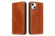 For iPhone 15 Plus Case Fierre Shann Genuine Cowhide Leather Wallet Cover Brown