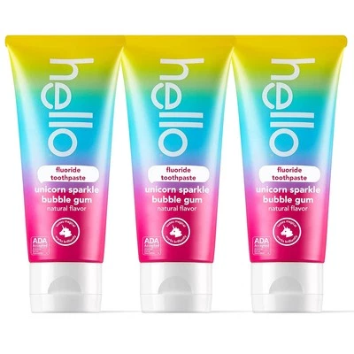 hello Unicorn Sparkle Kids Fluoride Toothpaste, Natural Bubble Gum Flavor, ADA A