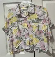 April Kiss Tropical Linen Button Up Blouse Crop Top Linen Pink Yellow NWT M