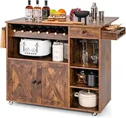Giantex Kitchen Island with Drop Leaf - Mobile Kitchen Storage Cart with Cabinet, 3 Cube Shelves, 7 Wine Bottles Rack, 1 Drawer, Spice Rack, Rolling Island Table w/Handle for Bar Dining Room