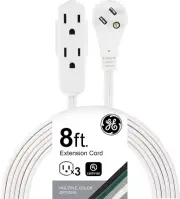 GE 8ft Flat 3-Outlet Extension Cord, Grounded, 16 Gauge, Indoor, White