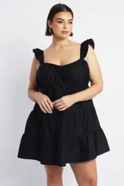 Black Flutter Sleeve Cotton Blend Minidress