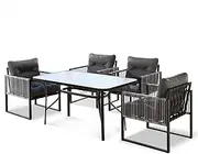 ALFORDSON Outdoor Patio Bistro Set with UV-Resistant PE Wicker, Conversation Set with 4X Armchairs and 140x80x70cm Coffee Table, Lounge Chair & Side Table with Water-Resistant Cushions, Black Grey