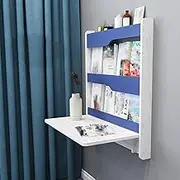 Wall Mounted Folding Table with Storage Compartments and Bookshelves for Study Bedroom Living Room 2 Tiers Blue 64 * 90cm