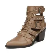 Sam Edelman Elana Camel Tan Pointed Toe Lace Up Western Booties Cut Out Boots