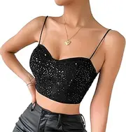 [Generic] Women's Glitter Sequin V Neck Corset Crop Top Sexy Spaghetti Strap Tank Tops Cami Vest Mesh Boned Bustier