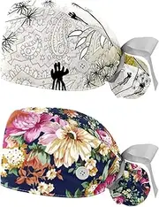 [WOSHJIUK] Working Hat 2 Pack Scrub Caps for Women,Retro Leaf Paisley Plant,Tie Back Cap Adjustable Scrub Hat