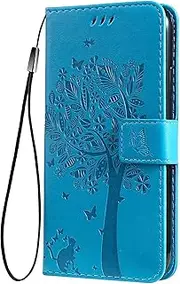 [MAOGE] Case for Oppo Reno 8 Lite/Oppo Reno 7 Lite/Reno 7Z Wallet Case, Beautiful Retro Leaves and Cat Embossed Premium PU Leather Flip Cover Shockproof Blue