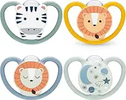 NUK Space Day & Night Baby Dummy | 18-36 Months | Glow-in-The-Dark Soothers with Extra Ventilation for Sensitive Skin | BPA-Free Silicone | Zebra & Lion | 4 Count