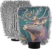 XYMZR Elk Portrait Floral Absorbent Microfiber Car Wash Mitt, Funny Cute Anime Scratch Free for Cars Cleaning, Home Cleaning Mitts, 2 Pack, 10.24” L x 7.09” W