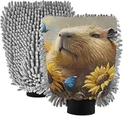 XYMZR Absorbent Microfiber Car Wash Mitt Capybara Sunflower Cute, Funny Cute Anime Scratch Free for Cars Cleaning, Home Cleaning Mitts, 2 Pack, 10.24” L x 7.09” W