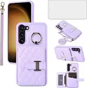 Phone Case for Samsung Galaxy S23 5G Wallet Cover with Screen Protector and Ring Stand Card Holder Slot Crossbody Strap Lanyard Leather Cell S 23 23S GS23 G5 SM-S911U 6.1 inch Women Girls Men Purple