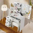 Vanity Table Set Dressing Table + Stool White Makeup Desk w/ LED Sliding Mirror