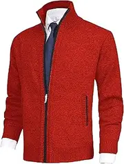 [Gsywaipei] Men's Collar Knitted Cardigan Winter Zip Up Male Knit Sweater Jacket Classic Long Sleeve Knits Sweaters Coat, Red, XXL