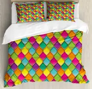 Geometric Duvet Cover Set with Pillow Shams Vivid Colored Curves Print