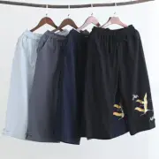 Men Elastic Waist Shorts Cotton Linen Embroidery Crane Below Knee 3/4 Pants New