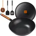 Wok Pan with Lid - 13" Nonstick Wok, Carbon Steel Woks & Stir-Fry Pans with Cook