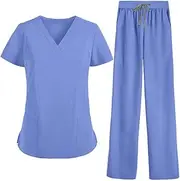 [MEDSKIN] Essential Scrubs Set for Women - Lightweight V-Neck Scrub Top & Yoga Waistband Trouser Pants