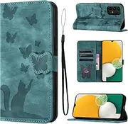 [LSPCASA] Samsung Galaxy A13 Case for Samsung Galaxy A13 4G/5G Samsung Galaxy A04 PU Leather Samsung A13 Case with Card Slots Cat Butterfly Pattern Mobile Phone Case Samsung A13 Green
