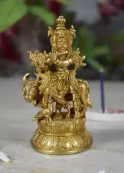 Brass Krishna with Cow Bhagwan Statue Showpiece for Pooja Gift Living Room Decor